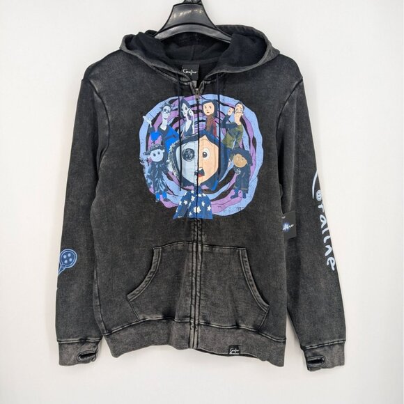 Coraline Zip Up Hoodie Adult Size M Two Worlds Mineral Wash Goth Whimsigoth Y2K - Picture 1 of 10